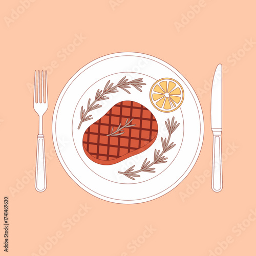 This illustration displays a beautifully arranged plate featuring grilled steak and lemon, emphasizing culinary art and gastronomy, evoking a fine dining experience.