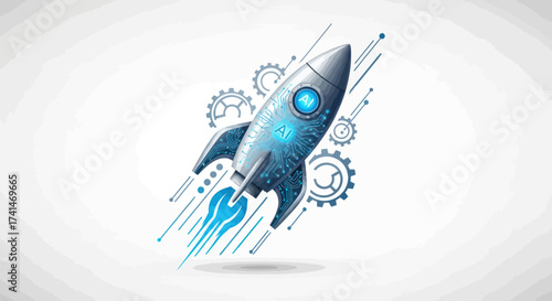 Futuristic Rocket Launching with Digital Technology Elements.