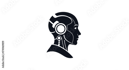 Silhouette of a futuristic robot head with intricate mechanical details.