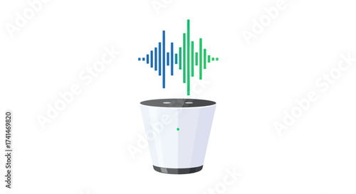 White smart speaker with colorful sound wave visualization.