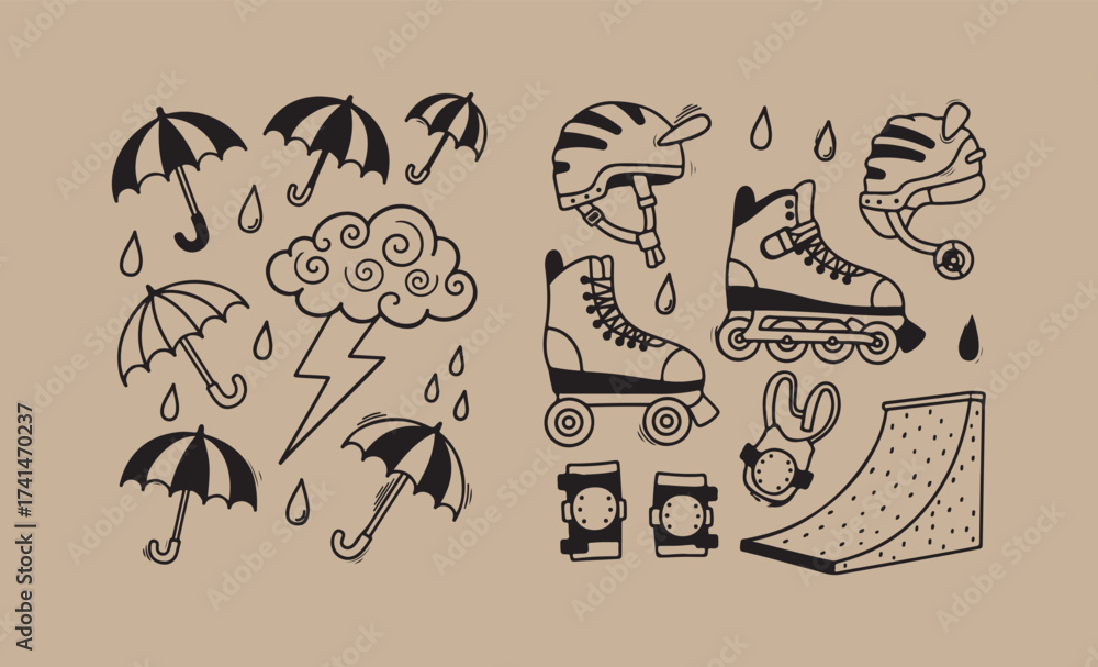 Obraz premium Doodle art of rainy day activities and skateboarding gear
