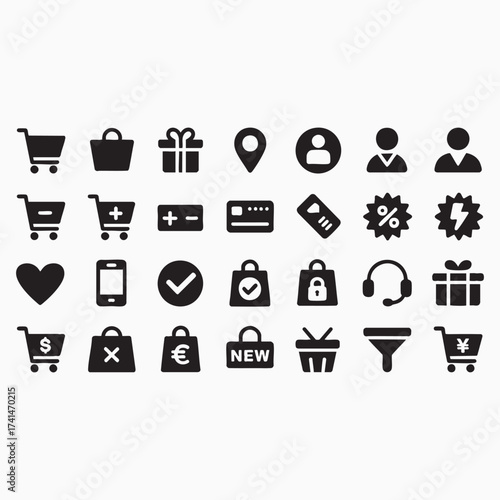 Set of shopping icons simple black glyph vector design elements for e-commerce isolated on white background