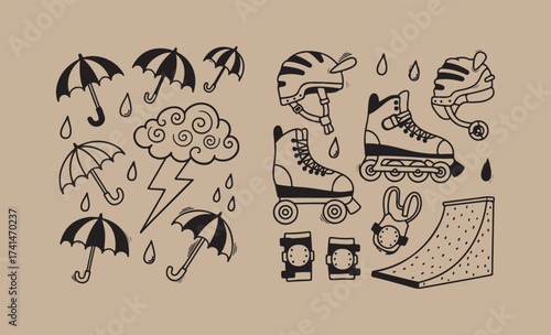 Doodle art of rainy day activities and skateboarding gear