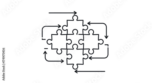 Interlocking Puzzle Pieces with Arrows Indicating Connection and Flow.