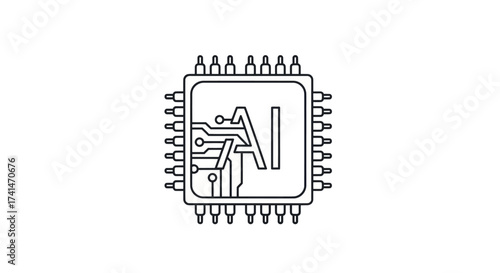 Minimalist line art icon of an AI microprocessor chip with circuit board traces.