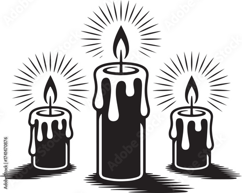 Candles Silhouette with Flames and Rays for Decoration and Ambiance Illustration