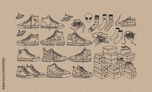Collection of hand drawn sneakers and abstract figures
