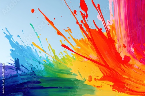 Vibrant explosion of colorful paint splashes against a clear blue sky, creating an energetic backdrop