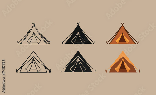Collection of stylized tent illustrations in various colors