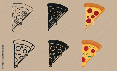 Six slices of pizza in different styles on a brown background