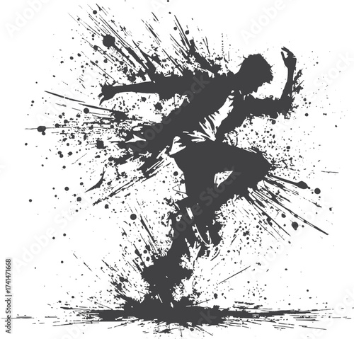  A powerful black ink silhouette captures a dancer mid-movement, with splatters and strokes radiating outward. This abstract, high-contrast design conveys energy, creativity, and dynamic