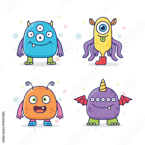 Cute One-Eyed Monsters with Horns - Funny Cartoon Vector Character for Kids