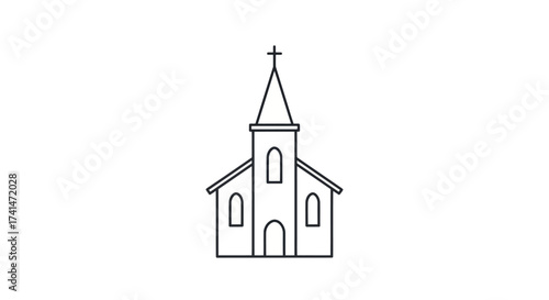 Simple Line Drawing of a Church Building with Cross.