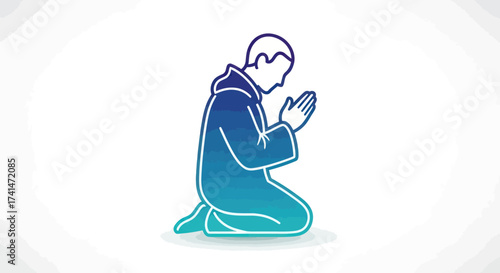 Kneeling Person in Prayer with Hands Together Gradient Blue Outline.