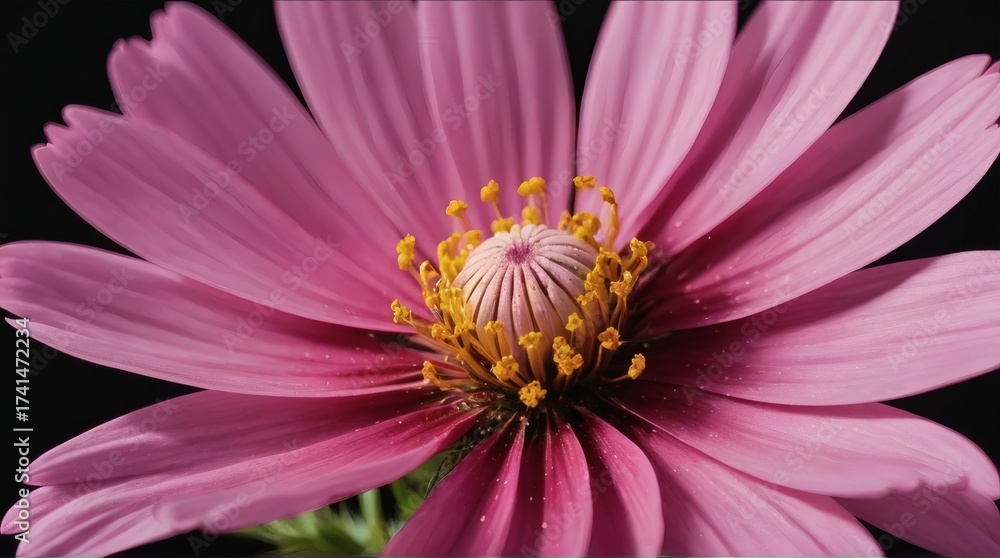 Obraz premium Close-Up Pink Flower Macro Shot With Yellow Center Stamen And Black Background And Soft Petals