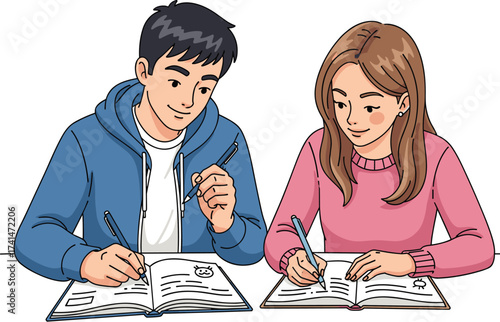 Cartoon study illustration, students writing notes, collaborative learning, homework session, academic teamwork, education, study partners, schoolwork