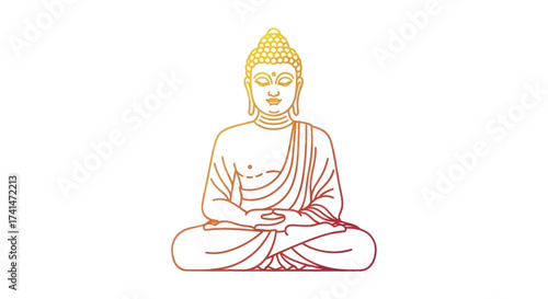 A colorful gradient line art illustration of the Buddha meditating in a seated lotus pose.