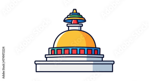 Colorful Illustrated Buddhist Stupa with Golden Dome and Details.