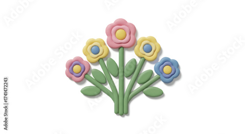 Colorful Pastel Clay-like Stylized Flower Bouquet with Green Stems and Leaves.