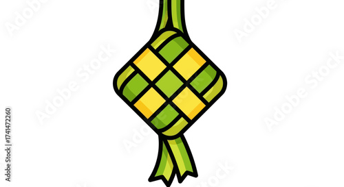 Woven Diamond-Shaped Ketupat Illustration with Green and Yellow Pattern.