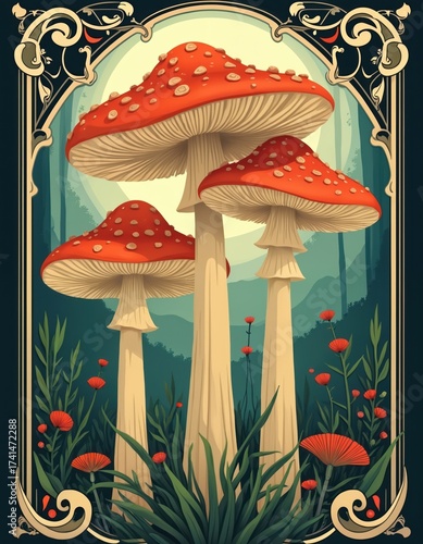 Editorial illustration features large red mushrooms in art nouveau style. Intricate design depicts a whimsical fungal forest. The artwork creates visual interest with vibrant colours.