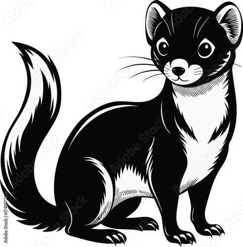 Vector art of black and white illustration of a stoat or weasel sitting on a