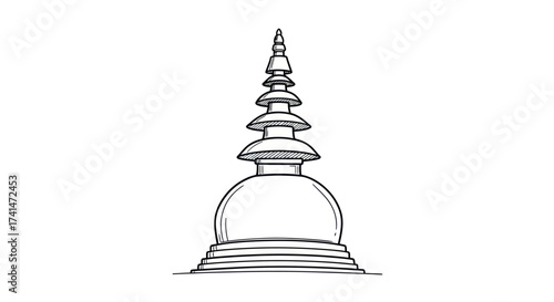 Traditional Buddhist Stupa Pagoda Spire Line Art Drawing.