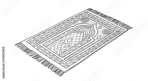 Hand-drawn prayer rug with intricate geometric patterns and fringe details.