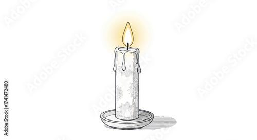Hand-drawn illustration of a lit candle with melting wax and a plate.