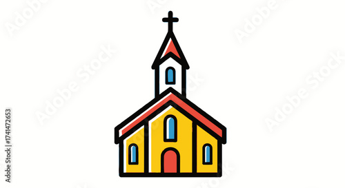 Colorful Cartoon Church Icon with Cross Steeple and Yellow Walls.