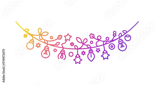 A hand-drawn doodle of a festive garland with colorful gradient lights stars and holly.