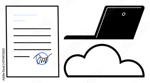 Document with signature, laptop, and cloud conveying digital agreement, online storage, and remote access. Ideal for technology, business, contracts, e-signature data management remote work