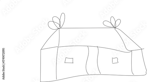 Simple hand drawn sketch of a cozy tent with two openings and decorative bows
