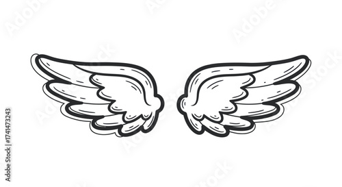 Hand-drawn illustration of a pair of white angel wings with black outlines.