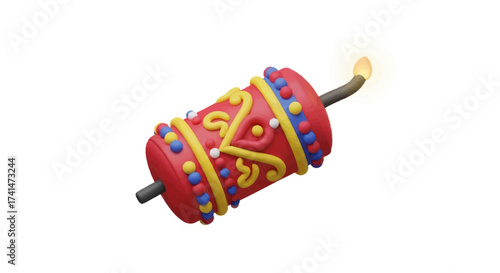 Festive Red and Gold 3D Firecracker with Lit Fuse.