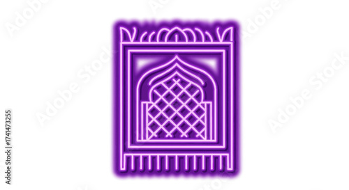 A vibrant purple neon light icon of a traditional Islamic prayer rug with an arch.