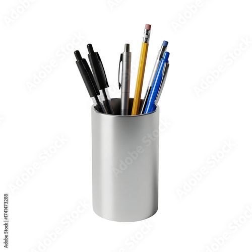 Silver pen and pencil holder with pens and pencils isolated on transparent background, perfect for office or school use