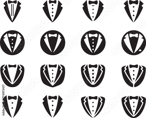 Tuxedo Silhouette Collection Formal Wear Attire Gentleman Suit Bowtie Clothing Icons Set