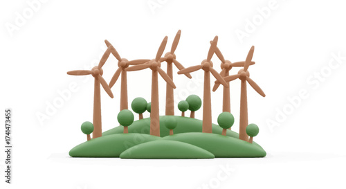 A stylized claymation model of a brown wind farm with multiple turbines on rolling green hills.