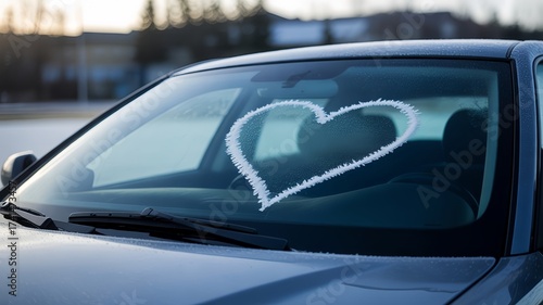 Heart drawn on frosted car windshield in winter morning light  