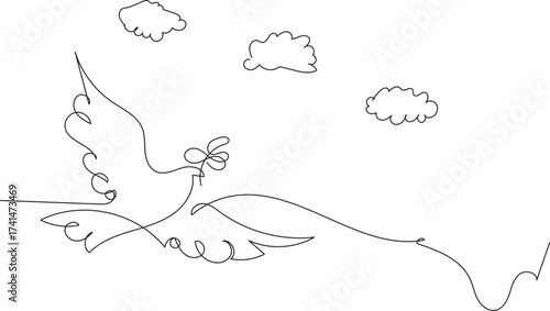 Whimsical line art drawing of a majestic dragon soaring through a cloudy sky