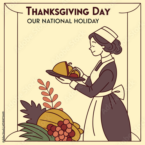 Smiling caucasian woman in vintage servant uniform carries fruits on a tray elegantly