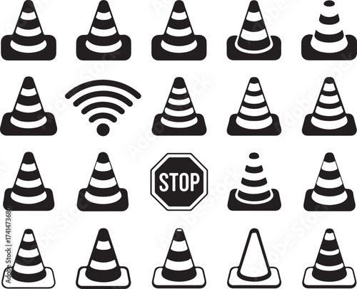 Road Safety Cones and Stop Sign Vector Illustration for Construction and Traffic Management Icon Set