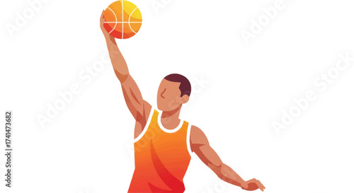 Dynamic basketball player in orange jersey holding ball ready to shoot or dunk.
