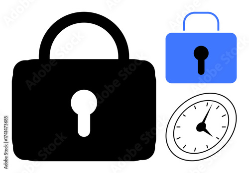 Black and blue locks and analog clock highlighting themes of security, time, access control, confidentiality, time-saving, protection, and punctuality. Ideal for simple flat metaphor