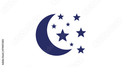 Dark blue crescent moon and stars icon a simple flat celestial symbol for nighttime.