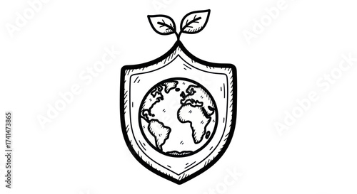 Hand-drawn shield icon with planet Earth and a sprout symbolizing environmental protection.