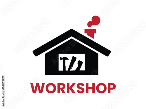 A black workshop with tools and red smoke isolated on white background