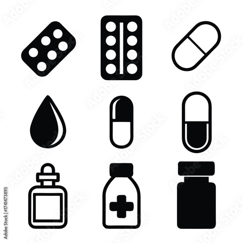 Medical icons capsule pill blister pack first aid kit droplet and bottle health care