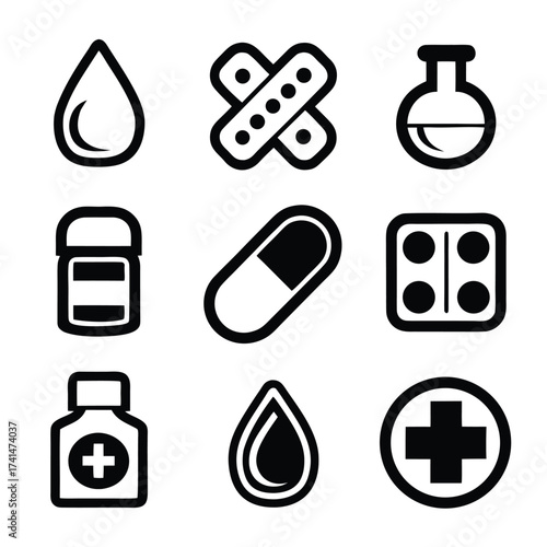 Medical icons set including blood drop pill bottle capsule bandage and cross health healthcare